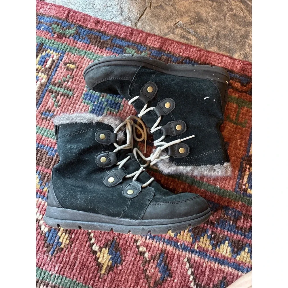 Sorel Explorer Joan Women's 8.5 Waterproof Black Suede Faux Fur Winter Boots